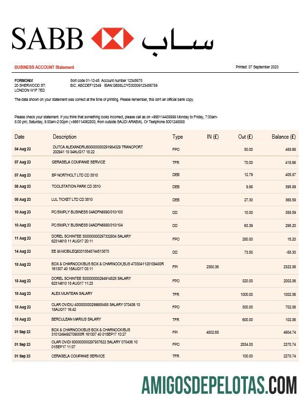 Baixável SABB Bank Company Statement modelo Word e PDF